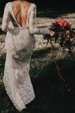 Elegante manga larga de marfil vaina vestidos de novia sin respaldo de encaje apliques país vestido de boda
