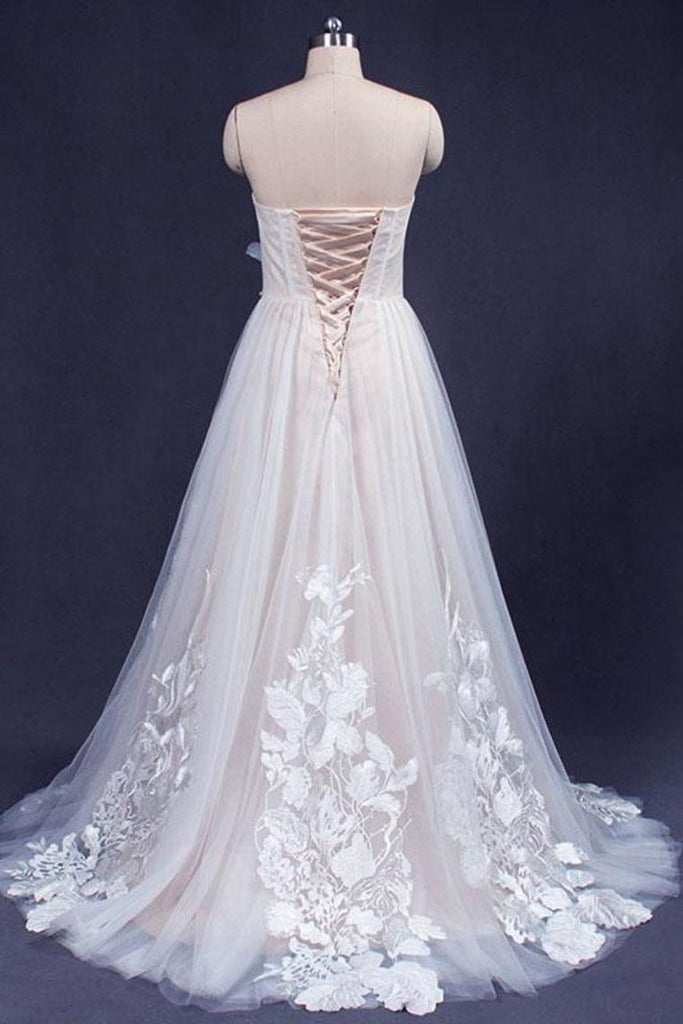 Vestido de novia de tul con apliques de una línea, vestidos de novia de tul sin tirantes
