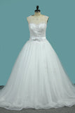 2024 Vestido de novia A-Line Scoop Tulle con Applique y Sash Corte tren